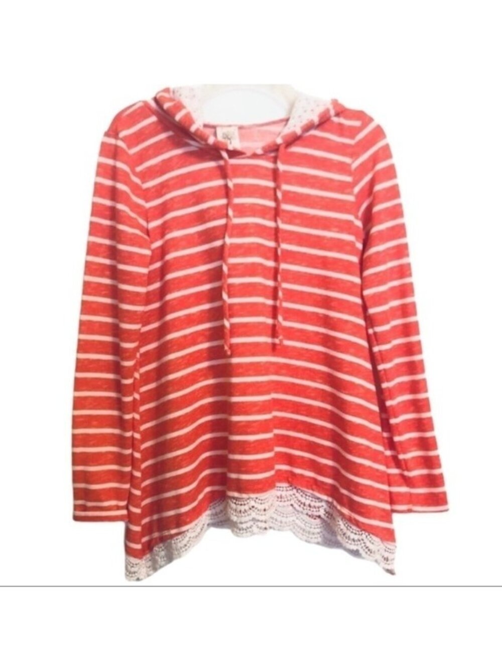 Self Esteem Womens Striped Top Long Sleeves Hoodie Lace Layered Casual Size M